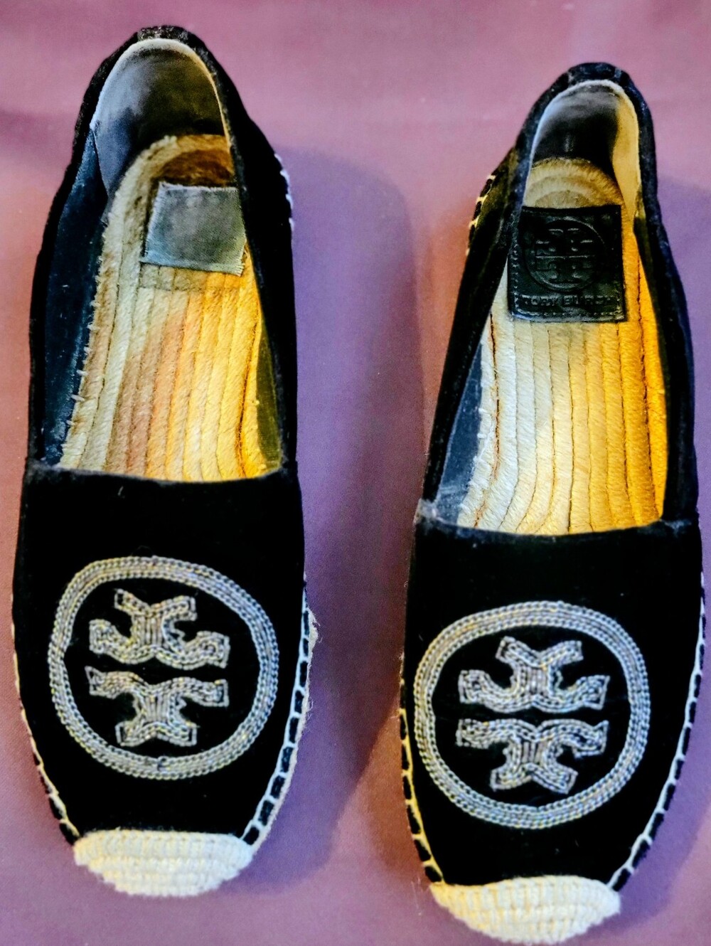 Stunning Tory Burch Black Velvet Espadrilles with Silver Embroidered Logo